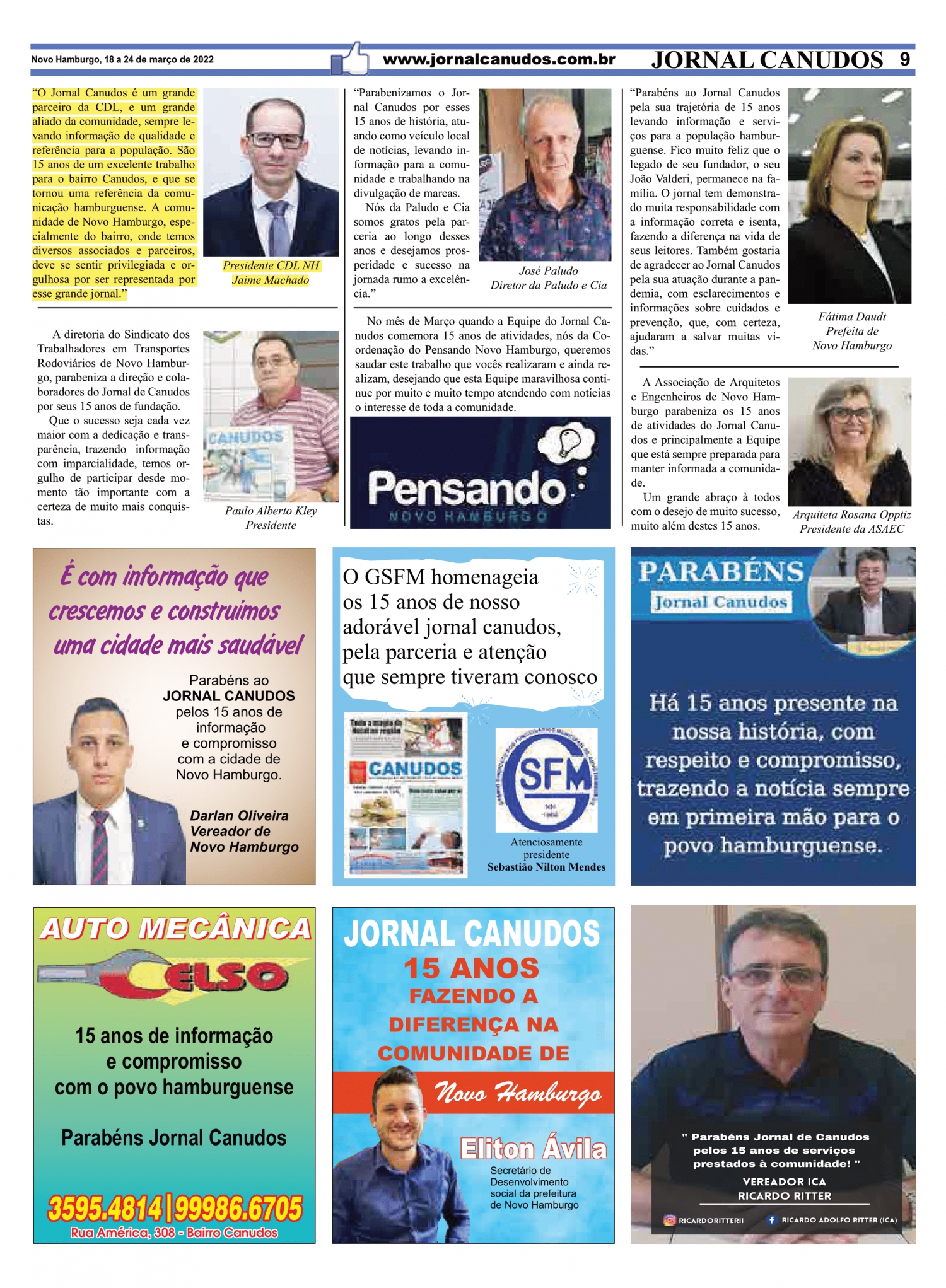 Presidente da CDL NH parabeniza Jornal Canudos pelos seus 15 anos, confira!