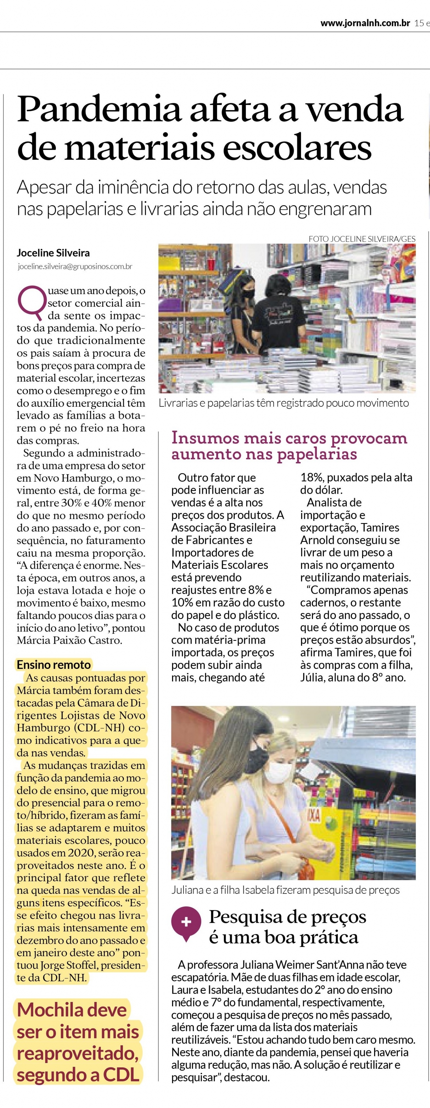CDL NH é notícia no jornal da região: Pandemia afeta a venda de materiais escolares